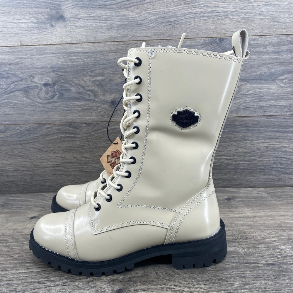 Harley Davidson Womens Cream Leather Lace Up Side Zip Motorcycle Boots Size 8.5